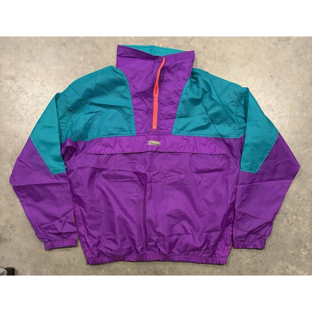 Vtg 80s 90s Columbia Jacket Windbreaker Turquoise Purple Pullover Mens Large
